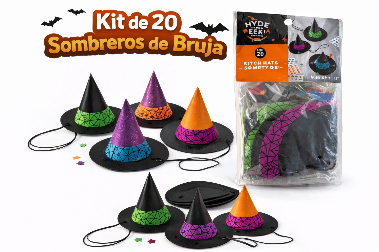 COD 0449 - KIT DE 20 SOMBREROS DE BRUJA HALLOWEEN